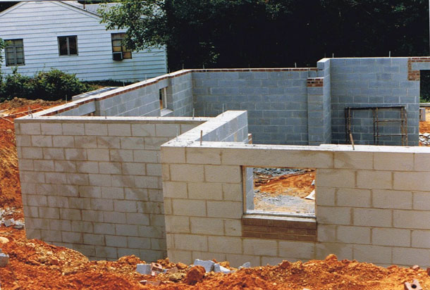 These Concrete Masonry Units, or cinder block constitute a basement and foundation for this future home.