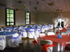 A red and blue-themed setup in rental hall
